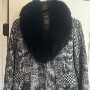 Black & Gray Plaid Wool Pea Coat with Plush Black Fur Collar
